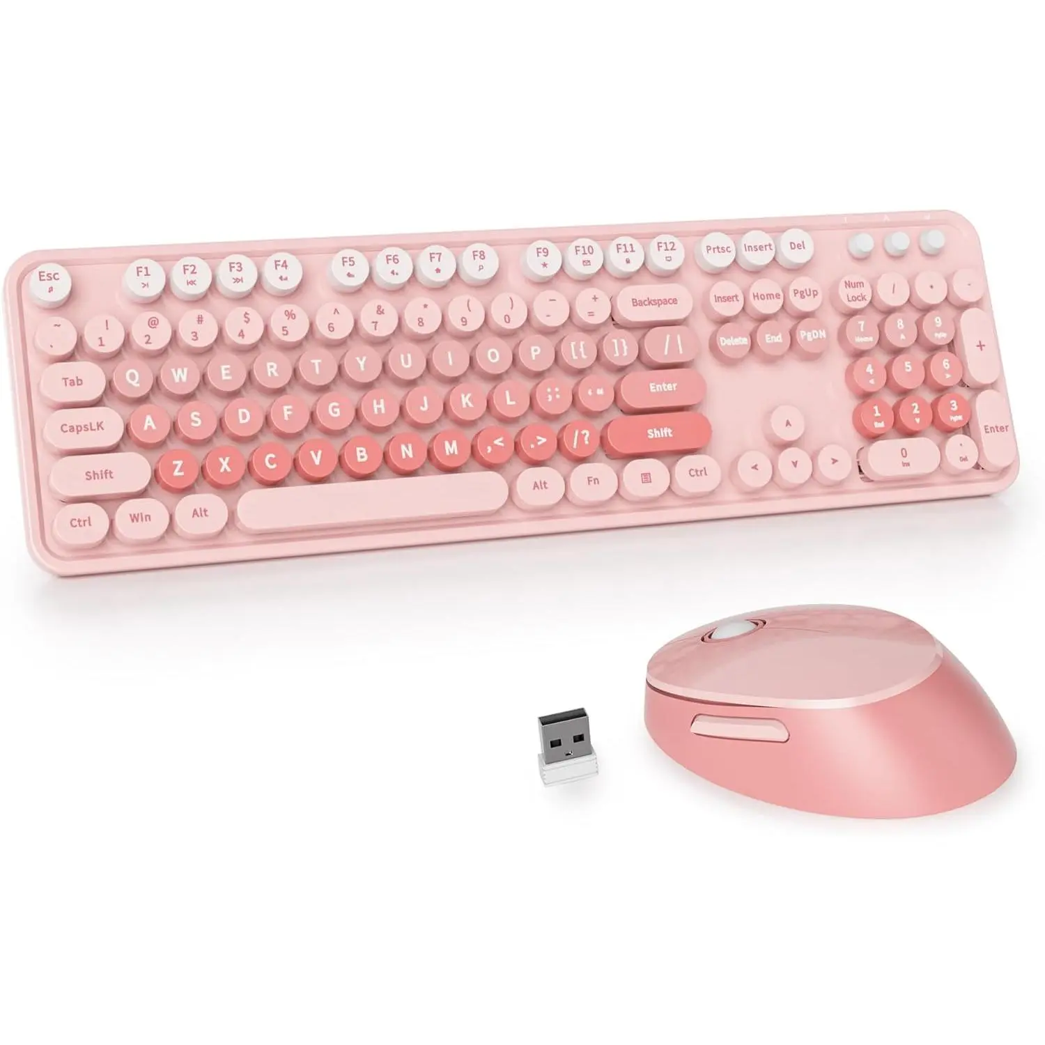 GTSP Colorful Pink  Keyboard and  Combo,  Typewriter Full-Size Retro Cute Office Keyboard 2.4GHz with Round Keycaps for Desktop Laptop and PC (Cute Pink)