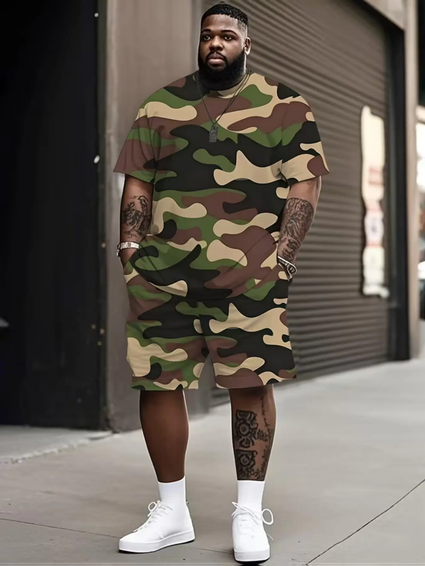 Men's Plus Size 3D Print Camouflage T-Shirt Shorts Set Outfit, Polyester Fiber, Summer Sports, Casual Party Travel Gift, Loose Fit
