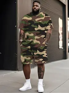 Men's Plus Size 3D Print Camouflage T-Shirt Shorts Set Outfit, Polyester Fiber, Summer Sports, Casual Party Travel Gift, Loose Fit