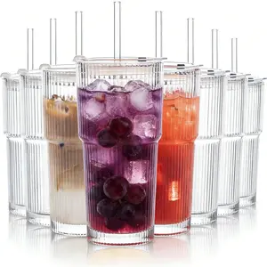 20oz Thickened Ribbed Glass Tumblers, 6/8Pack Drinking Glass Cups with Lids & Straws for Iced Coffee & Juices