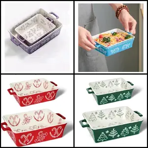 2pc set Casserole Dishes for Oven, Ceramic Baking Dishes for Oven Set of 2, Lasagna Pan Deep, Baking Pan Set Square Casserole Dish Set with Handles for Baking, Pattern Purple(11.4+8.5inch)