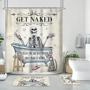 1/4pcs Funny Skull Skeleton Shower Curtain Set, Gothic Bathroom Curtain with 12 Hooks, Non-Slip Bathroom Floor Mat, Toilet U-Shaped Mat, Toilet Seat Cover Mat, Vintage Spooky Scary Bathroom Home Decor Bathroom Accessories, Halloween Decorat