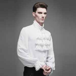 Here Comes The Groom White Tuxedo Shirt Ruffle Top Blouse Formal Victorian Style Halloween Costume Collared Neck Long Sleeve Button Front Lace Embellishments