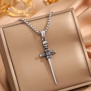 Men’s Vintage Silver Skull Sword Cross Necklace - Durable Gothic Cross Jewelry, Dark Gothic Heavy Metal Chain Pendant, Skull Ornament Streetwear Costume Crucifix, Gothic Cross Necklace, Dark Gothic Necklaces