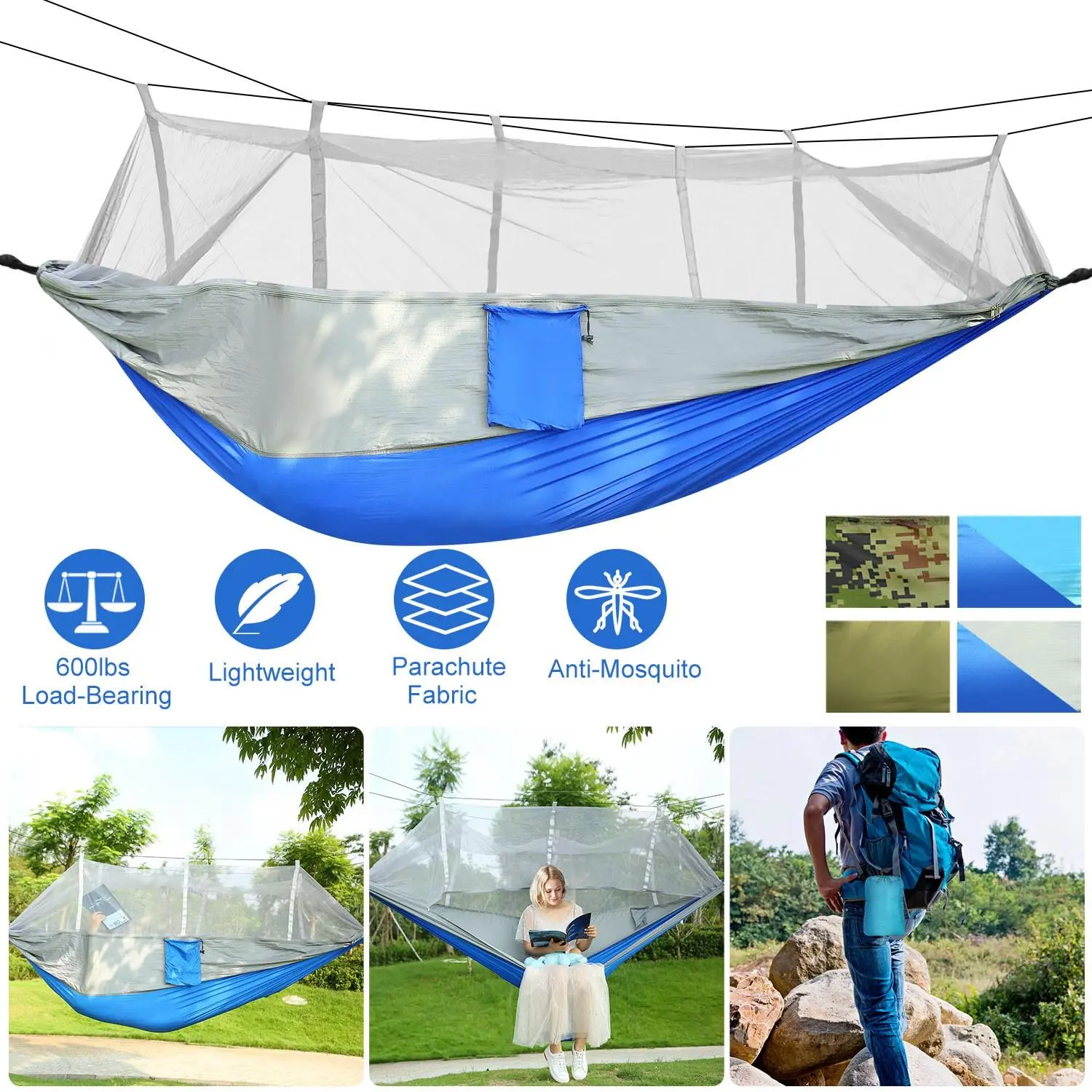 Hammock with Mosquito Net Portable Anti Bug Camping Swing Bed 600 lb Load Capacity 210T Parachute Nylon Lightweight for Backyard Garden Outdoor Patio Camping Accessories Cool Outdoor Stuff Yard Decor Hammock for Camping