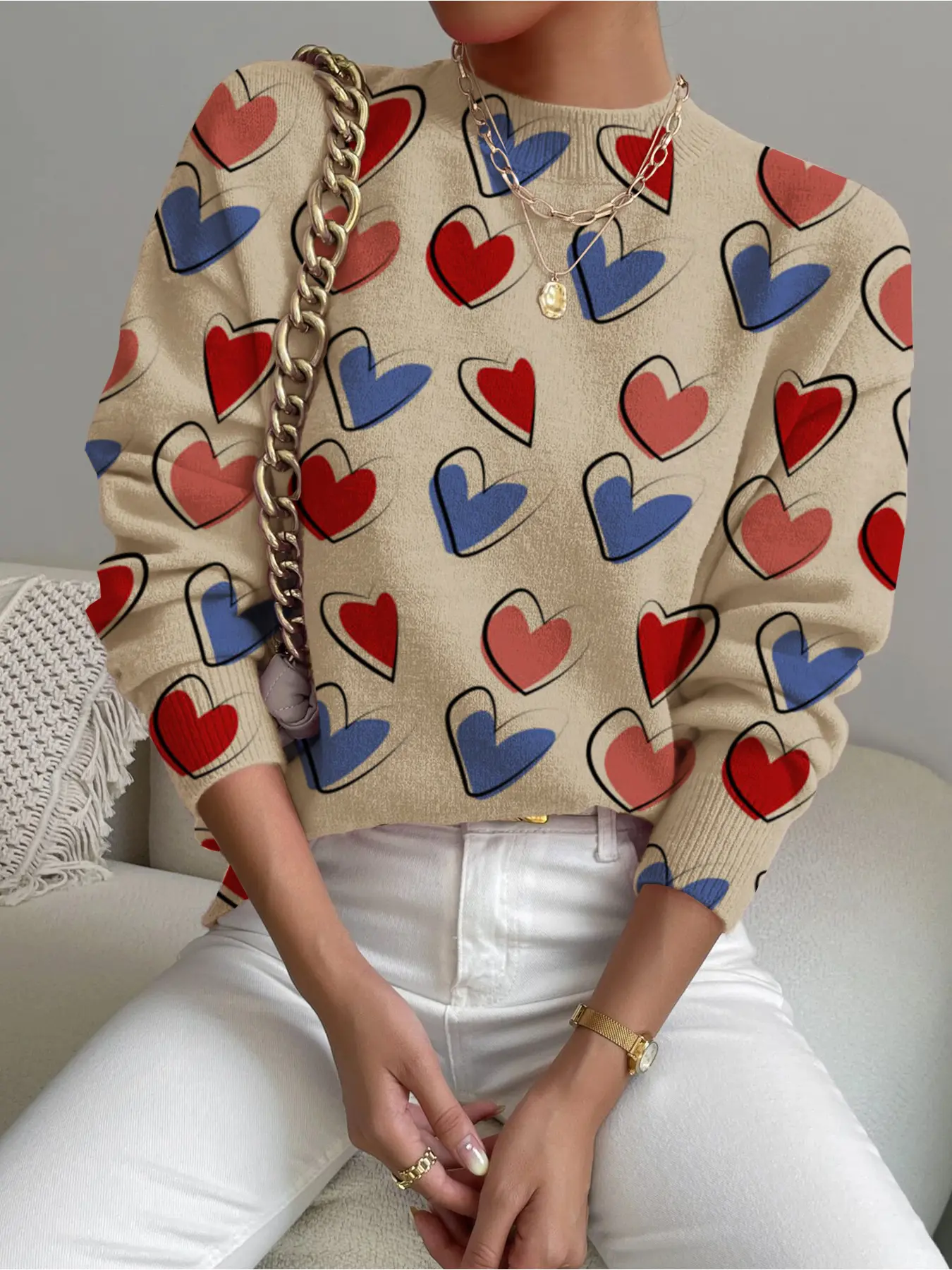 Women's Heart Blue Colorblock Print Stand Collar Sweater, Fall Winter Casual Long Sleeve Knitwear, Comfortable Warm Daily Wear