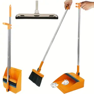 New 3Pcs Floor Sweeping Set with Long Handle 180°Rotating Floor Broom Squeegee Dustpan Set Foldable Stand Dustpan and Broom Combo with Comb Teeth Portable Squeegee Broom for Kitchen Office Home Floor Stainless Steel