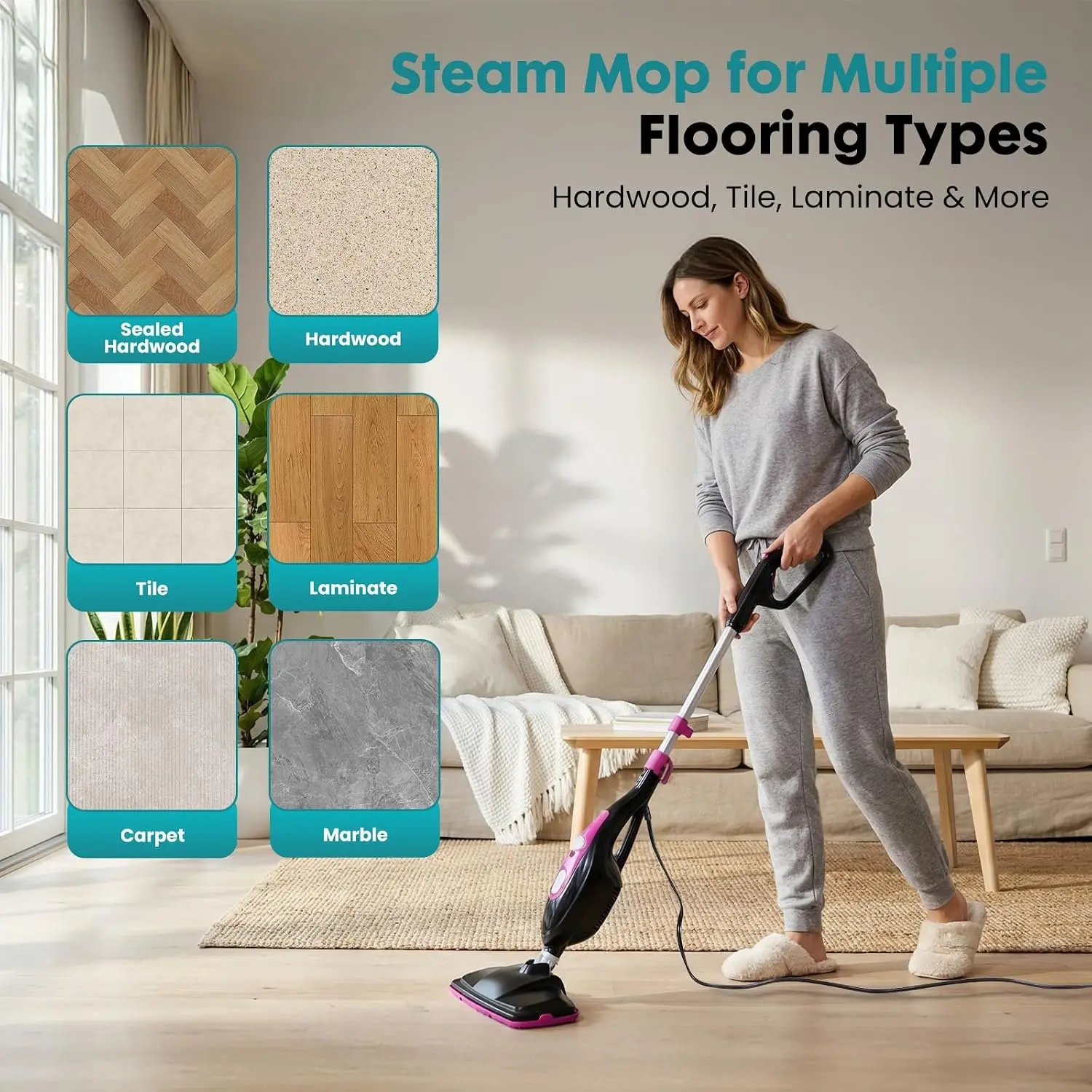 10-in-1 Steam Mop 1550W Detachable Handheld Steam Cleaner, 2 Reusable Pads, 16FT Power Cord, for Hardwood Tile Carpet Grout Windows
