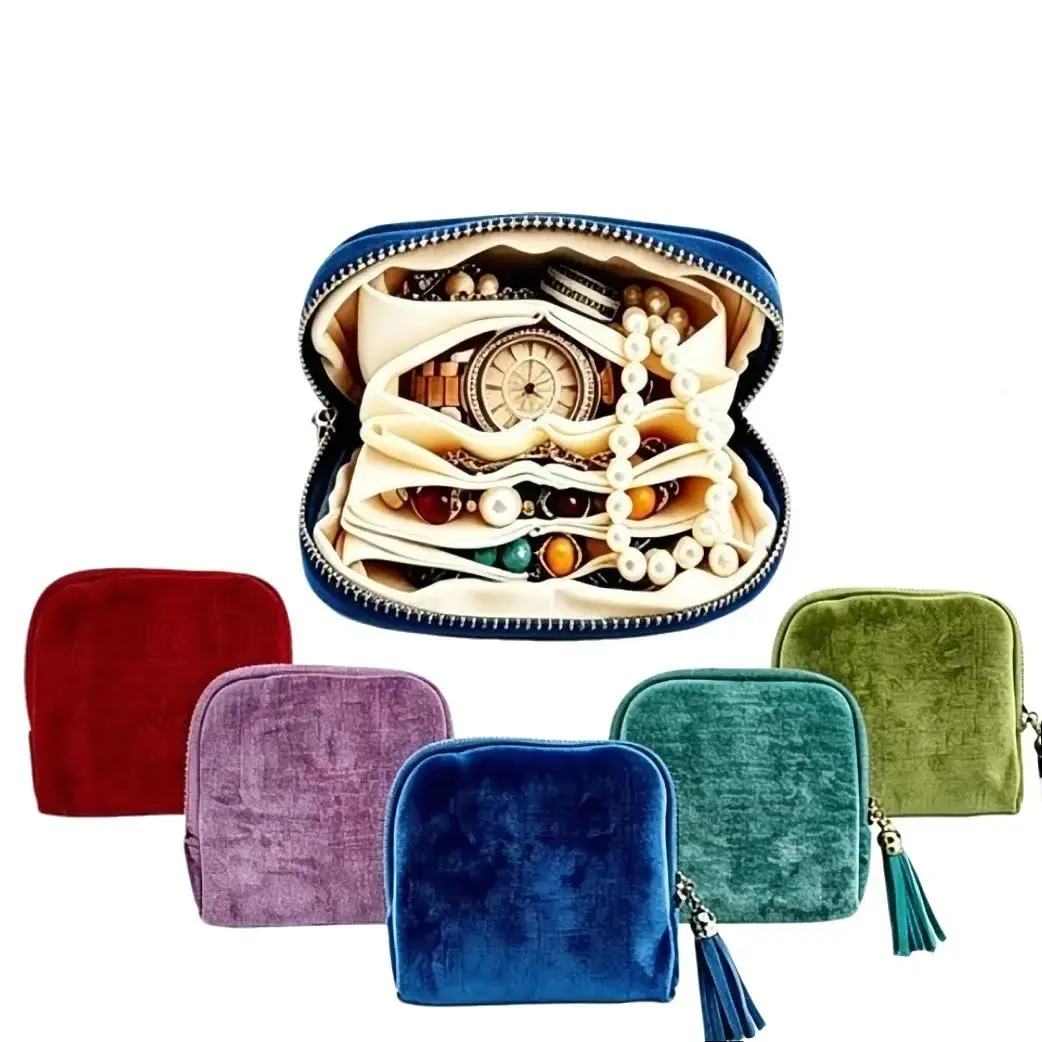 Women's 2026 New Soft Velvet Small Durable Modern Jewelry Box Organizer - 5.1x4.7x1.3in Hand Bag, Dustproof Anti-Scratch Zippered Pouch with Tassel, Multiple Slots for Necklaces Rings Earrings Bracelets, Travel On-the-Go Pack, Gift-Ready Beauty Gift