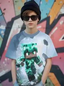 Boys Gem Warrior Graphic Short Sleeve T-Shirt, Casual Fitted Top with Colorful Gradient Design, Ideal for Daily Wear & Trendy Fashion