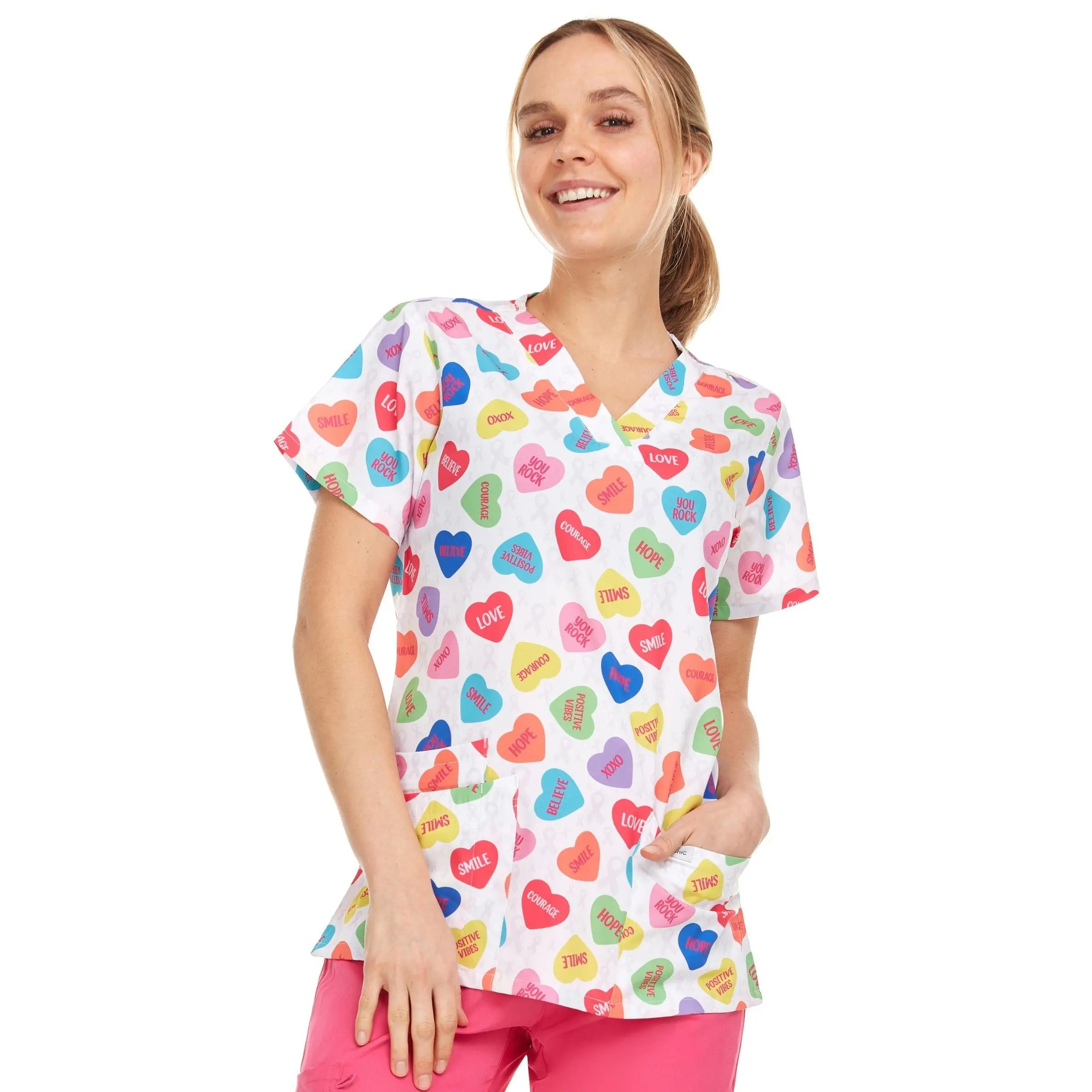 Medichic Naomi Inspo Hearts Printed V-Neck Scrub Top