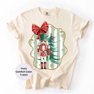 Preppy Nutcracker with Red Bow Comfort Color T-shirt, Women's Holiday Religious Casual Cotton Top Soft Ring-spun 100% Cotton Relaxed Fit Christmas Gifts