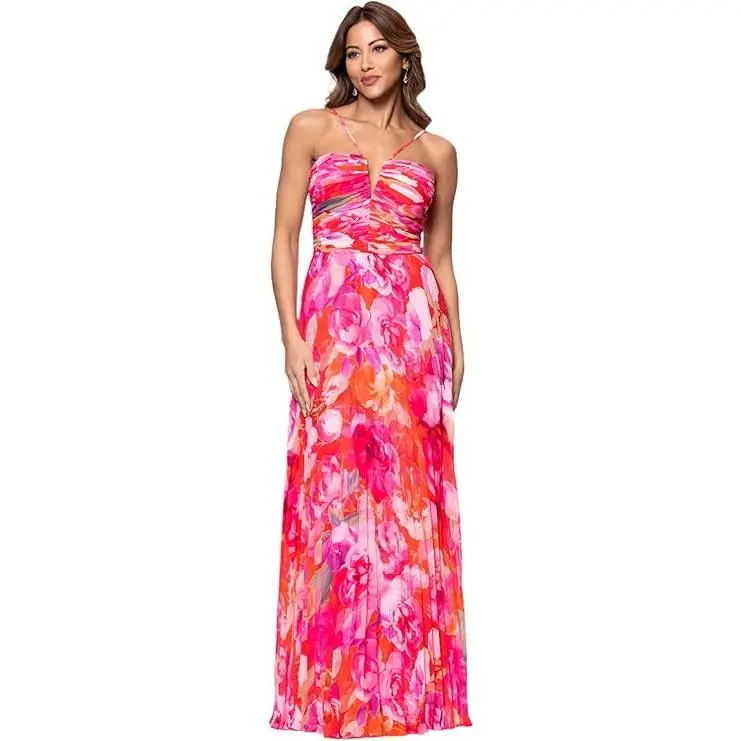 NEW SIZE 14 Xscape Womens Sleeveless Long Halter V Neck Printed Pleated Spaghetti Strap Dress