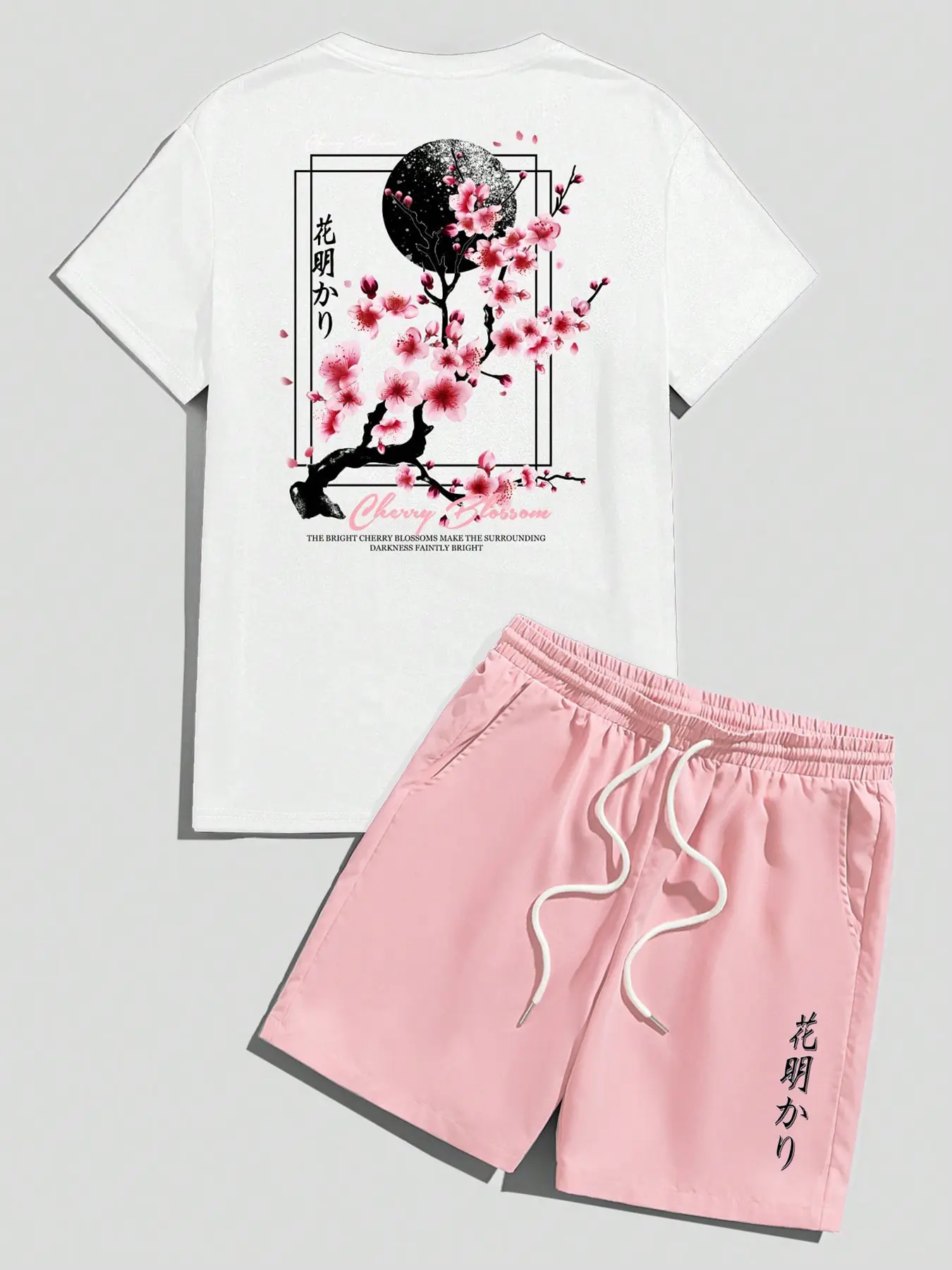 Two-Piece Set Matching Men's Cherry Blossom Tree Floral Print Short Sleeve Crop Tee & Shorts, Regular Fit Menswear Casual Fashion Cozy Breathable Outfits for Summer, Men's Clothes for Daily Wear, Fitted, Top, Suits