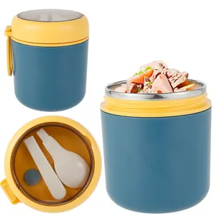Birthday Gift Vacuum Insulated Food Container for Hot Food 304 Stainless Steel Thermal Wide Mouth Food Jar with Foldable Spoon Portable Meal Thermoses with Silicone Handle for School Office Work