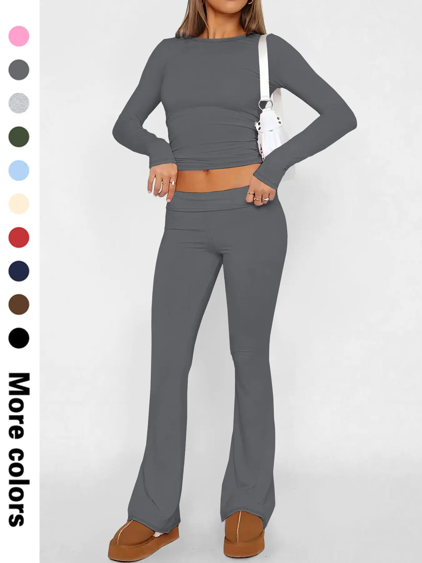 Spring & Fall Fashion Basic Casual Solid Color Women's Long Sleeve Crop Top Slim Fit T-Shirt + Flare Pants Two-Piece Set, Choose From 10 Colors