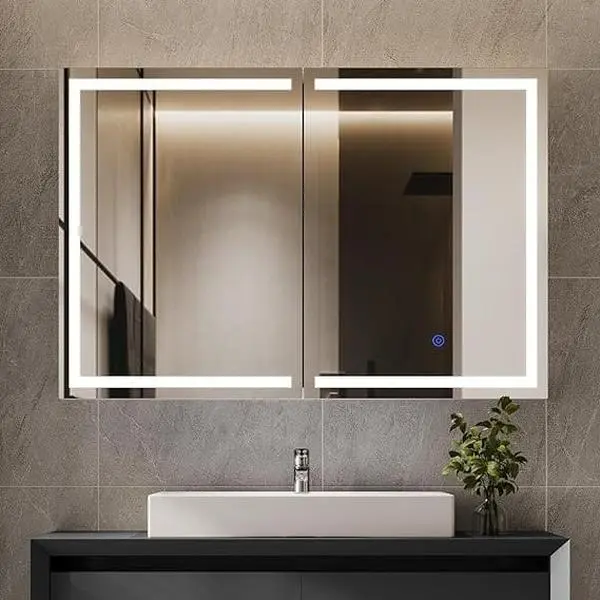 Sikaic 31.5 Inch LED Medicine Cabinet with Mirror, Wall Mounted Bathroom Storage Cabinet with 2 Sliding Doors, White