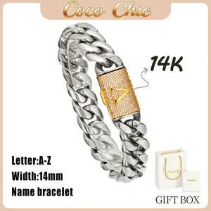 Silver Stainless Steel Cuban Link Bracelet for Men, 14mm Heavy Miami Cuban Chain with Gold Brass A-Z Initial Letter Clasp, Two-Tone Hip Hop Streetwear Style, Personalized Matching Jewelry Gift for Him, Bold Daily Wear Statement Chain