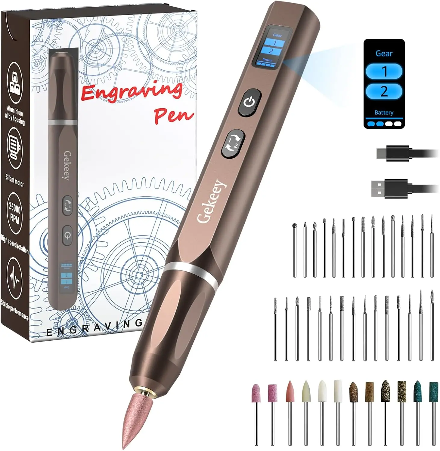 TREVOKARN Cordless Electric Engraving Pen Kit, USB-C Rechargeable Rotary Engraver with OLED Display, 30 Diamond Bits and 2-Speed Control