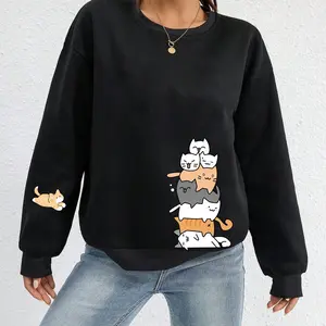 【Plus Size】Cute Cat Print Sweatshirt, Casual Versatile Fun Cute Sweatshirt Tops Hoodie Long Sleeve Comfort Womenswear Pullover Crewneck