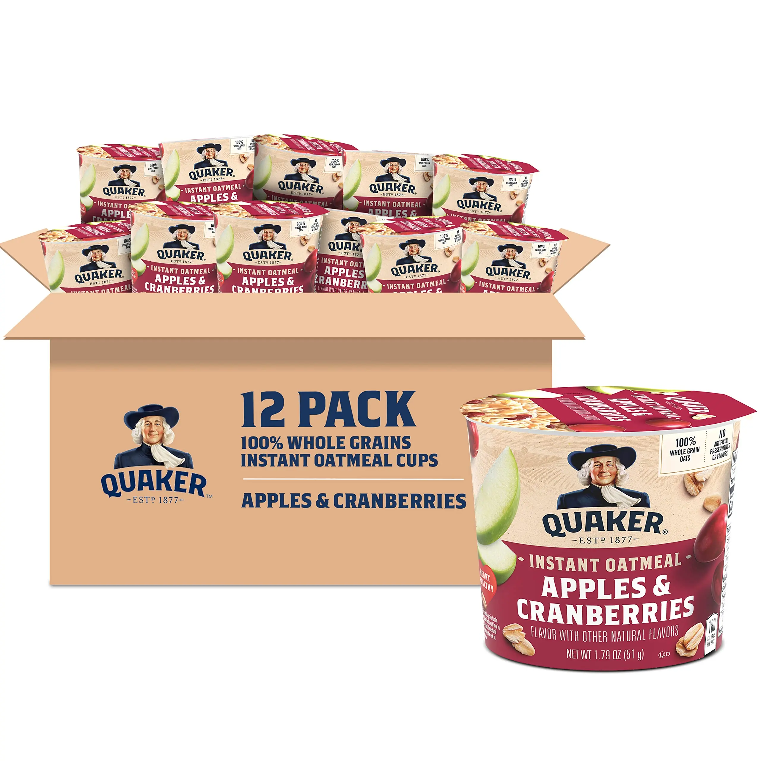 Instant Oatmeal Express Cups - Apple Cranberry, Whole Grain Oats, Real Fruit, Microwave Breakfast Food, Fiber Foods, 1.79 oz, Pack of 12