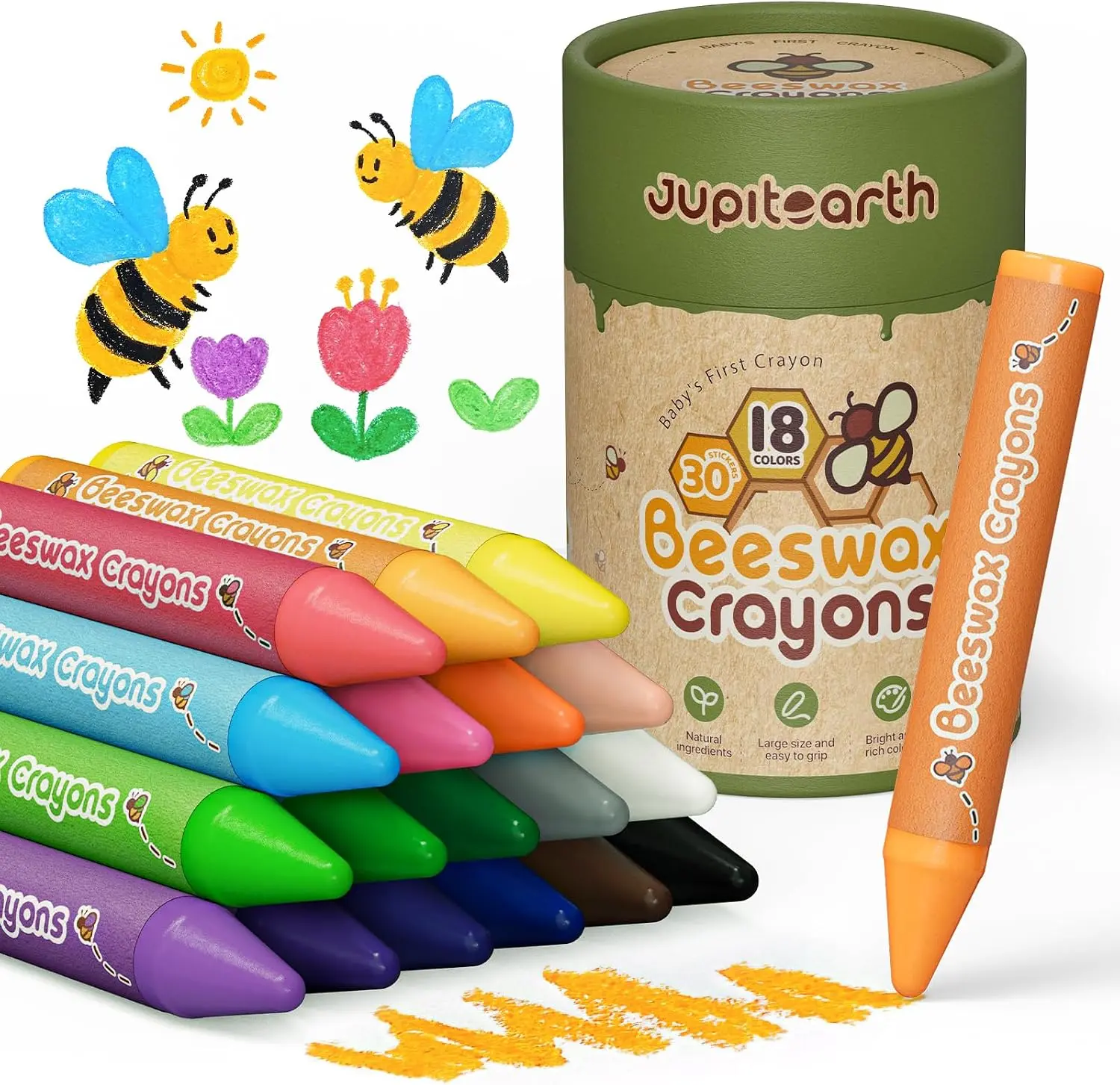【back to school shopping】 JUPITEARTH 24 Jumbo Silky Twist Crayons for Toddlers, Non-Toxic Washable Beeswax Crayons, Easy Grip Crayons for Kids Ages 2-4 & 4-8, Preschool Coloring Art Supplies, Kids Gift Twistable