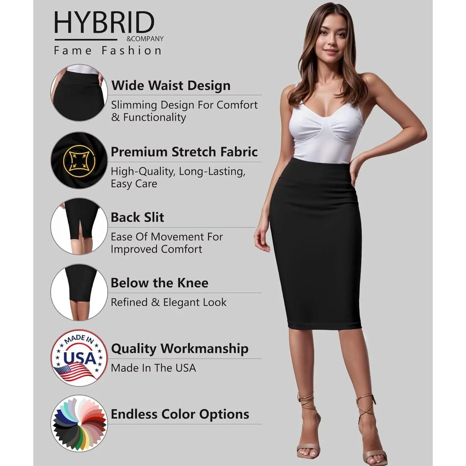 Women's Premium Nylon Ponte Stretch High Waist Pencil Suit Skirt Below Knee - Elegant Office Work Formal Wear Comfortable Stretch Fabric Perfect for Business Professional Occasions Classic Tailored Design Women's Premium Nylon Ponte Stretch High Waist Pencil Suit Skirt Below Knee - Elegant Office Work Formal Wear Comfortable Stretch Fabric Perfect for Business Professional Occasions Classic Tailored Design