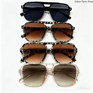 XUH 4 Pack Unisex Oversized Square Aviator Sunglasses, Double Bridge Retro Gradient Lens UV400 Protection Shades, Multi-Color Leopard Tortoiseshell Clear Frame Design for Daily Driving Outdoor Wear