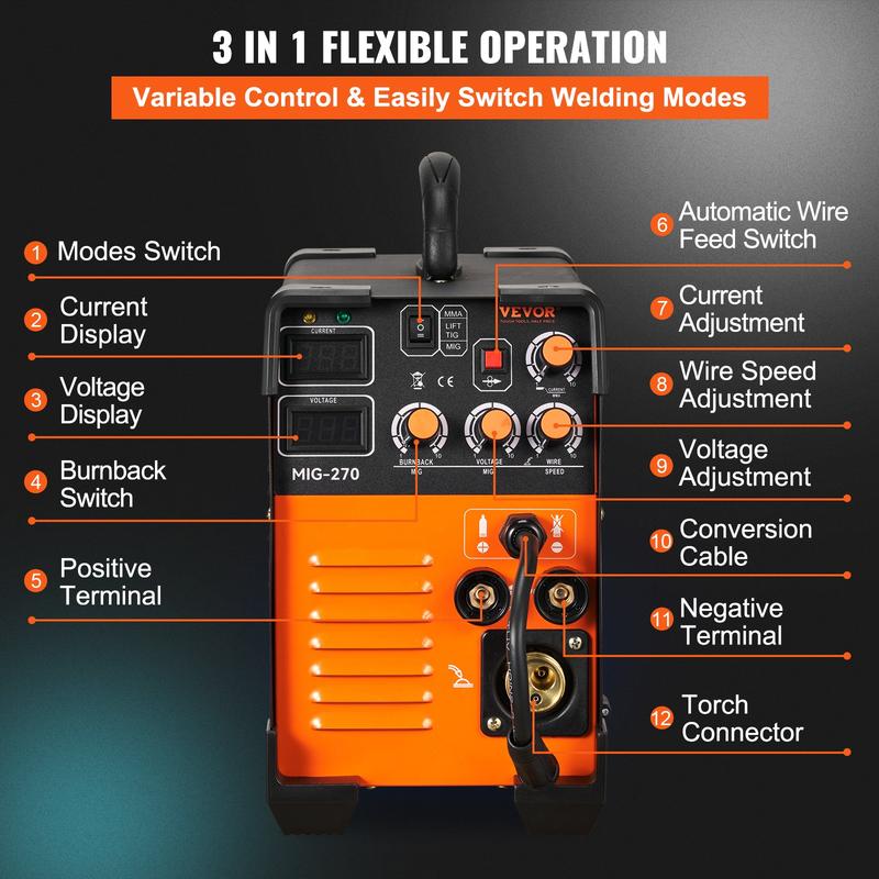 VEVOR MIG Welder, TikTokShopBlackFriday, 130-270A Flux Core Welder, 3 in 1 Combo MMA/MIG/LIFT TIG Welder Machine, Portable MIG-130 Welding Machine IGBT Inverter, Automatic Wire Feeding Welder for Stainless Steel
