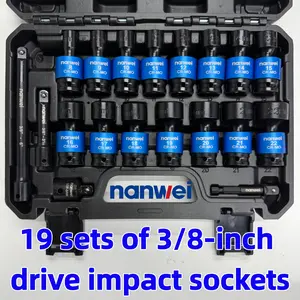 NANWEI 3/8" Drive Universal Impact Socket Set, 19 Pieces CR-MO Swivel Socket Set, Metric(8-22mm) Wobble Sockets 6 Point with Extension Bars, Adapter and Black Organizer