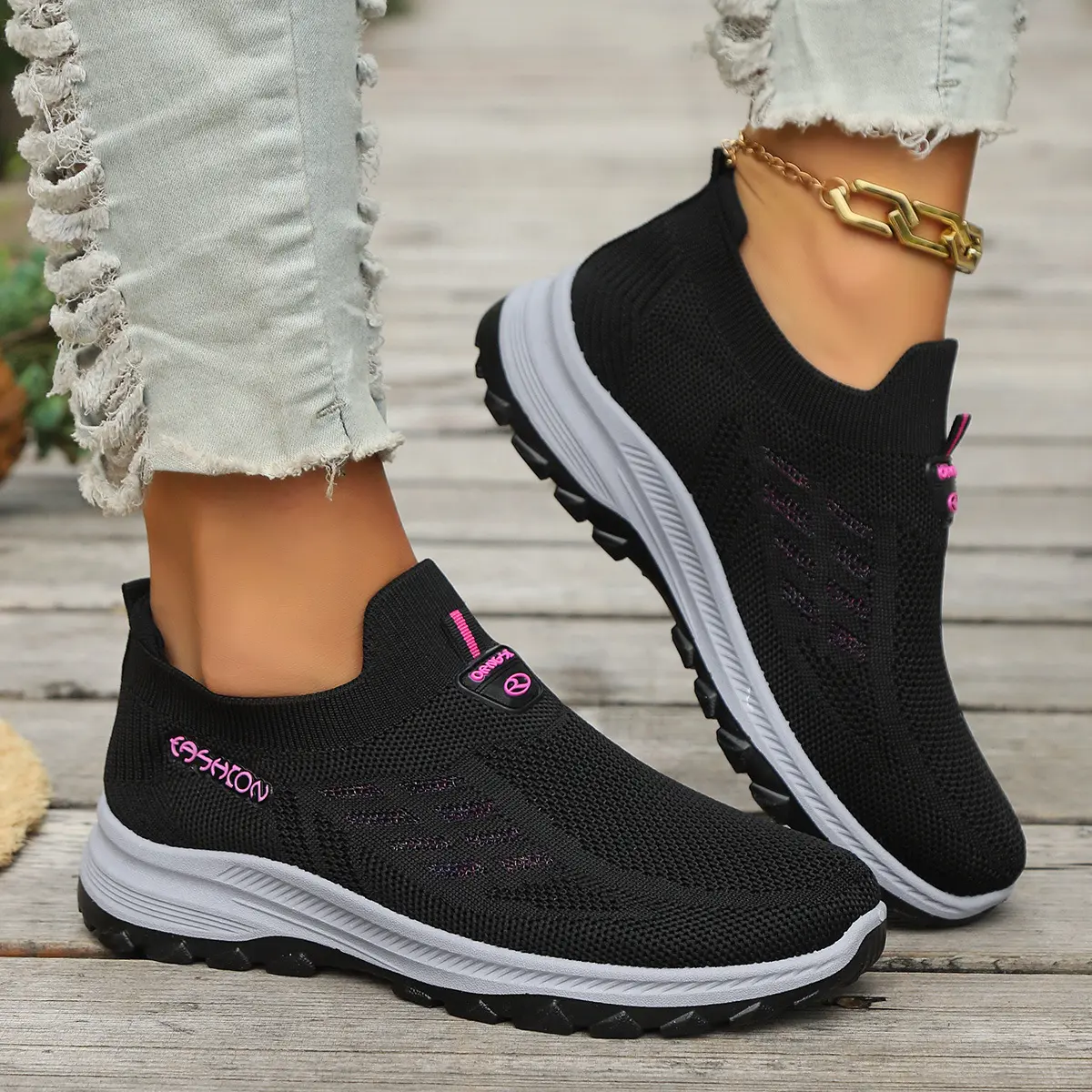 OFIREND Women's Slip-On Walking Sneakers, Breathable Mesh Casual Trainers with Lightweight Steady Support and Shock Absorption, Hands-Free Slip-Ins Casual Trainers, Steady Support Casual Trainers