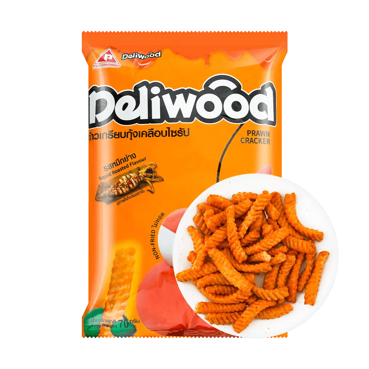 DELWOOD Thai Roasted Squid Flavor Dry Shrimp Chips - Non-Fried, Crunchy, Savory, Low Sugar, Low Salt, Guilt-Free 70g Snack Pack (Compatible with Room Temperature Storage)