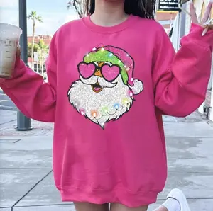 Pink Santa with Sunglasses faux Glitter Christmas lights Sweatshirt, Holiday sequin top, Glitter Christmas Shirt, sequin xmas sweater