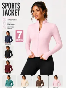 Women's Stand Collar Full Zip Athletic Jacket, Solid Color Slim Fit Soft Breathable Long Sleeve Yoga Coat with Thumb Holes for Gym Pilates Running Daily Wear