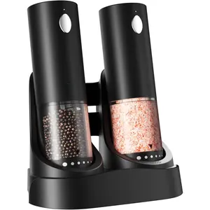 Electric Salt and Pepper  Set with Rechargeable Base - Automatic Refillable Electric Salt and Pepper Shakers with Large Capacity, LED Light & Adjustable Coarseness, Black