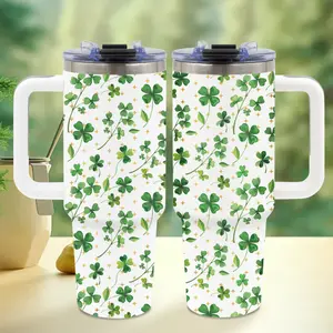 1pc 40oz Stainless Steel Insulated Water Bottle with Straw & Handle, Four Leaf Clover & Shamrock Design Thermos - BPA-Free Leakproof Thermos Flask for Men/Women, Irish-Themed Gift for St. Patrick's Day, Outdoor Sports,, Camping