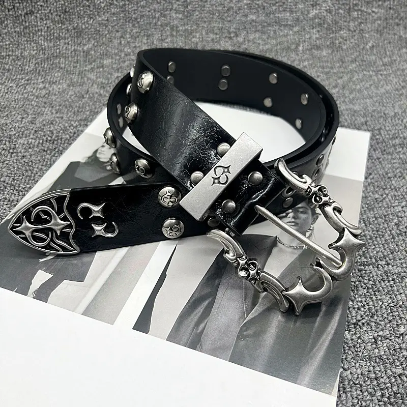 Unisex Heavy Duty PU Leather Fashion Belt - Buckle Closure, Pyramid Studs, Star Accents, Punk Streetwear Jeans Accessory for Nightclubs, All Seasons