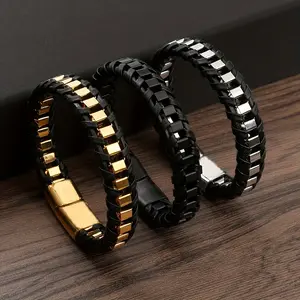 [Leather Braided Bracelet] Stainless Steel & Leather Men's Braided Bracelet - Adjustable Black & Golden Titanium Steel Bands for Streetwear Motorcycle Style