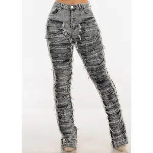 High Waist Ultra Distressed Stacked Leg Jeans Black Acid Wash