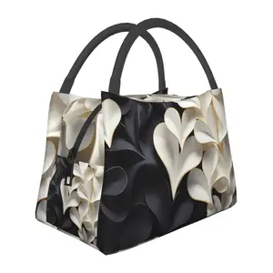 Lunch box, lunch bag, reusable portable insulation bag, insulation bag,black and white flower pattern, suitable for outdoor camping, work, school, fitness