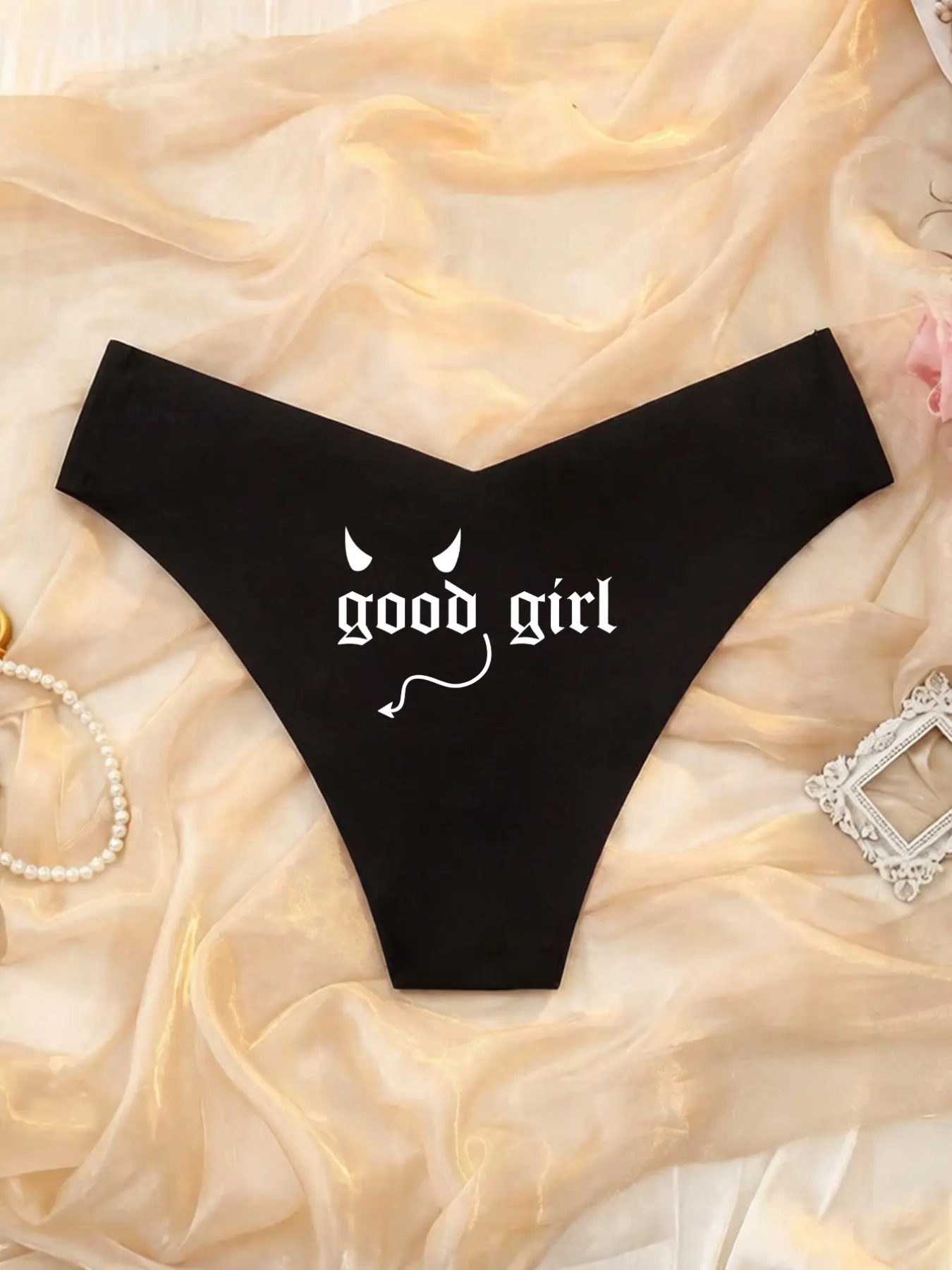Women's Fashion Print Letter Devil Horns Cute Pattern Casual High Waist Elastic Thin Smooth Quick Dry Seamless Fit Triangle Panties Underwear Letter Print Panty
