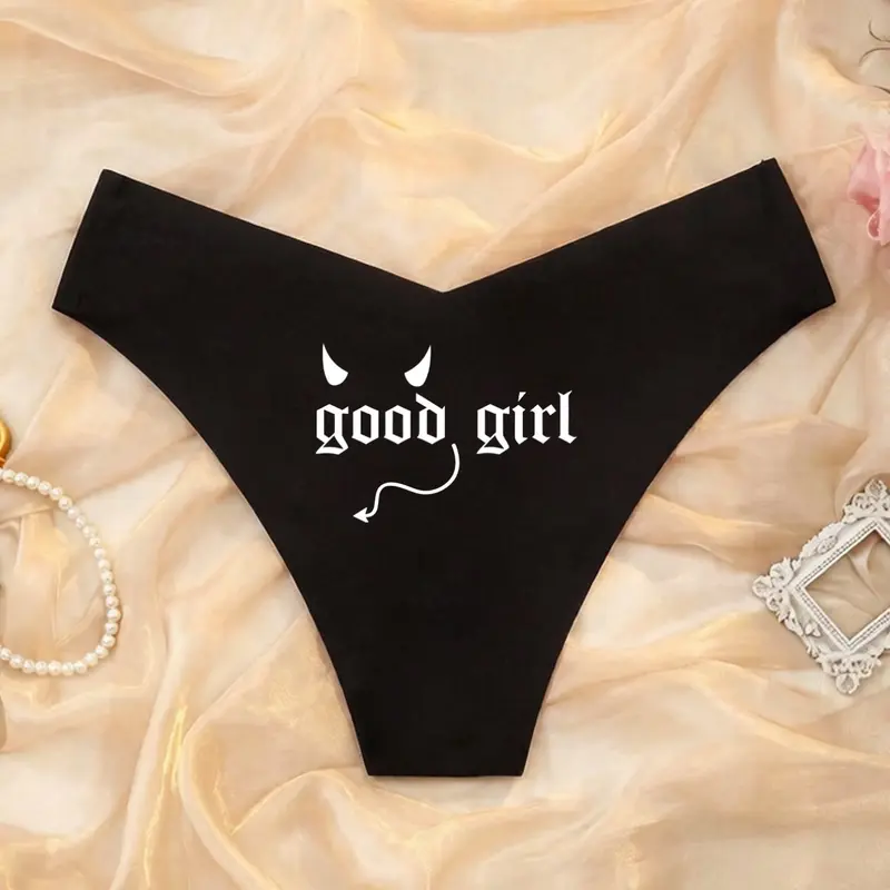 Women's High‑Waist Elastic Triangle Panties, Letter Devil Horns Cute Print, Thin Smooth Quick‑Dry Seamless Casual Underwear, High Waisted Panty