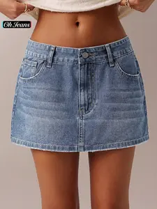 Women's Denim Skirt with Pockets, Vintage Washed Mini A-Line Skirt, Slimming Fit Natural Waist, Short Plain Design, Everyday Casual Fashion, Womenswear
