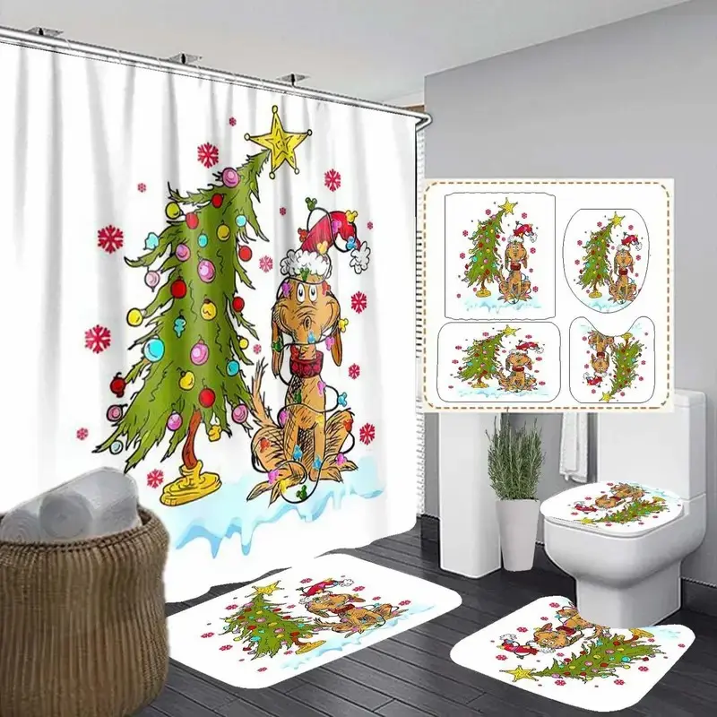 1/4pc Christmas Cartoon Dog and Santa Hat with Snowflake Dog Design Shower Curtain Set, Bathroom Shower Curtain Sets, Shower Curtain, Holiday Design, Non-Slip Mat, Toilet Seat Cover, Bathroom Decor, Shower Essentials, with 12 Shower Curtain Hooks