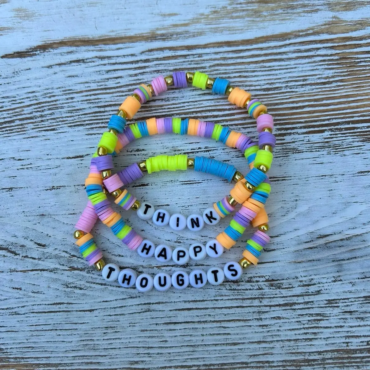 Handmade “Think Happy Thoughts” Stacked Set of 3 Bracelets - Heishi Beads and Glass Beads