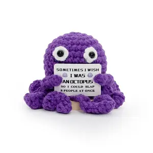 Mini Octopus Emotional Support Crochet with …Funny Card, Birthday Gifts For Friends Besties Colleague Purple Octopus Home Office Desk Decor