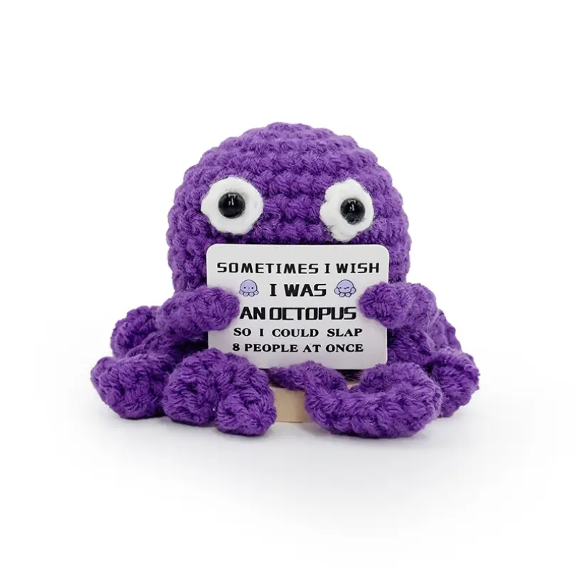 Mini Octopus Emotional Support Crochet with …Funny Card, Birthday Gifts For Friends Besties Colleague Purple Octopus Home Office Desk Decor
