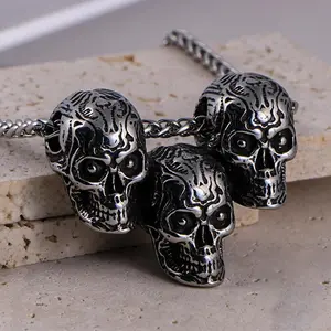 GTHIC Dark Three Skull Head Stainless Steel Gothic Necklace for Men Women Statement Jewelry Daily Wear