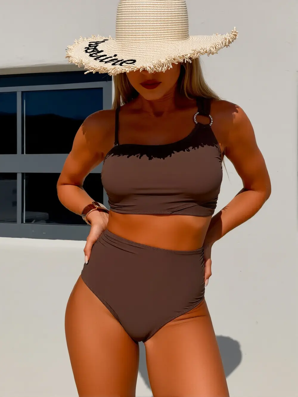 Women's 1-Shoulder Asymmetrical Bikini Sets, Solid Mocha O-Ring Top with Fringe Trim, High-Waist Tummy Control Bottoms
