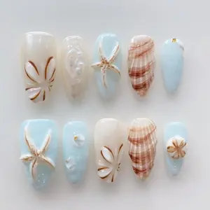 Chic Nail Studio Seashell Starfish Press-On Nails, Handmade 3D Beach Gel Acrylic Nails, Ocean-Inspired Fake Nails, Custom Press-On Nail, Summer/Vacation/Beach Party Nails, Gifts for Her